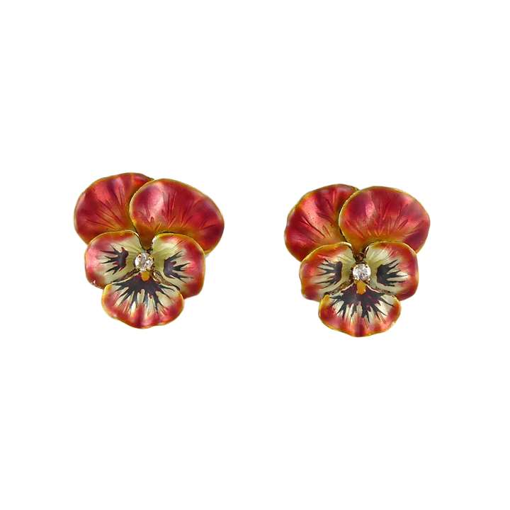 Pair of red and yellow enamel, diamond and gold pansy earrings, of iridescent finish,